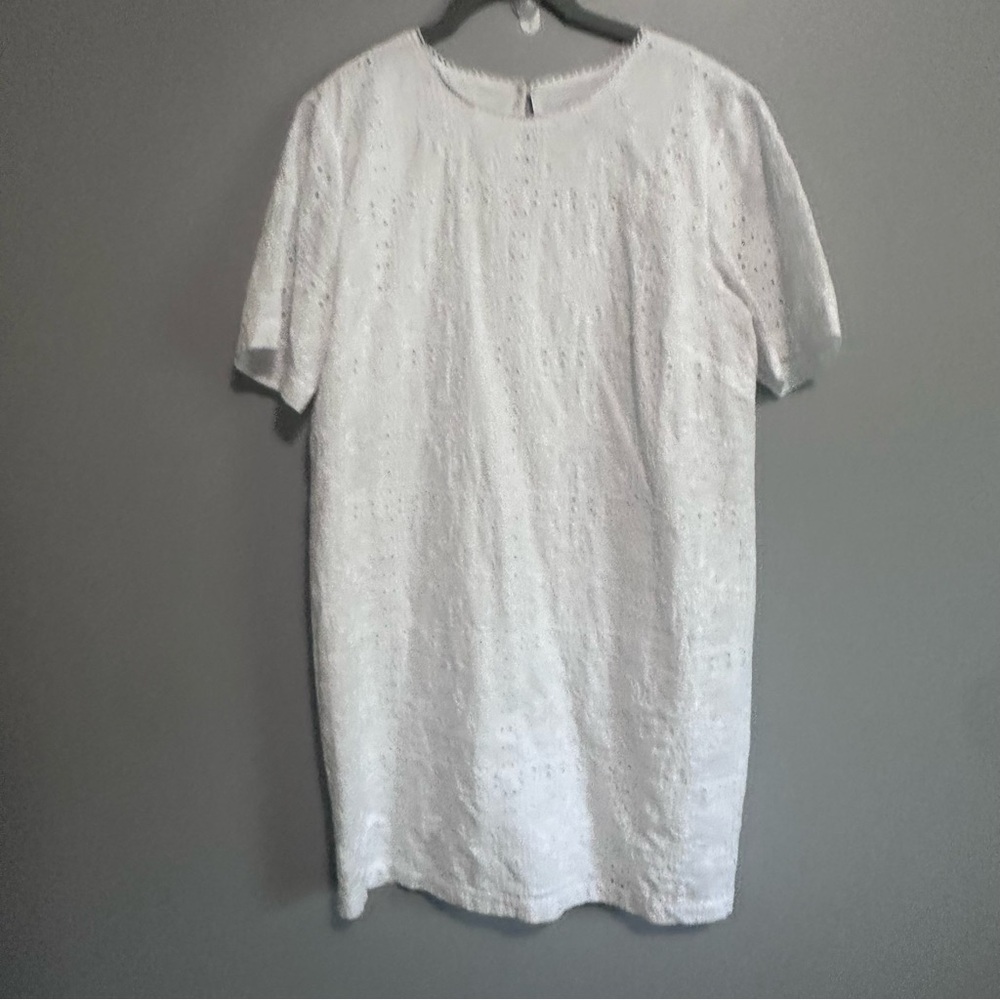 LOFT White Eyelet Shift Dress Women’s Size 14 Short Sleeve Cotton Lined